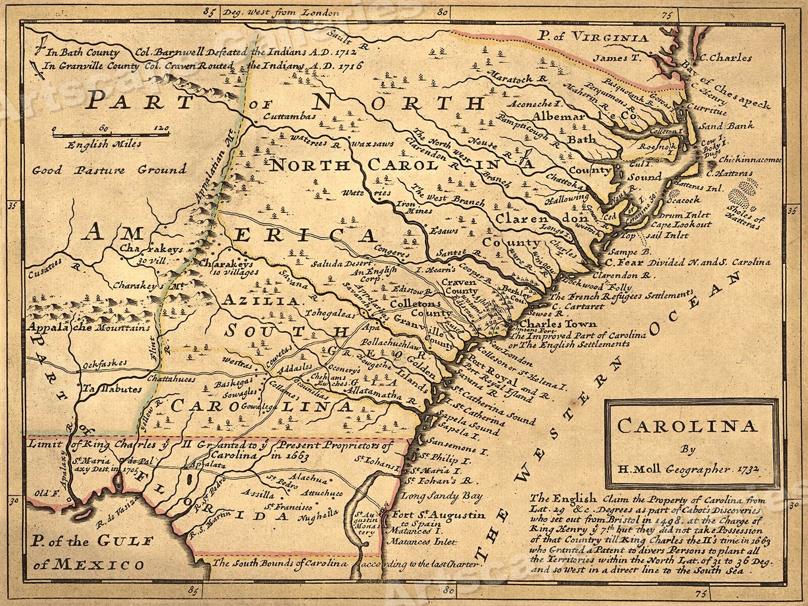 Carolina 1732 Interesting Old Historic Map – 18×24