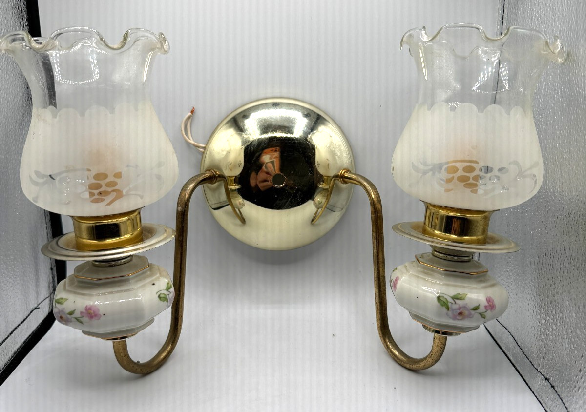 Double Arm Wall Light Brass Porcelain Frosted Glass Shades Union Made VTG