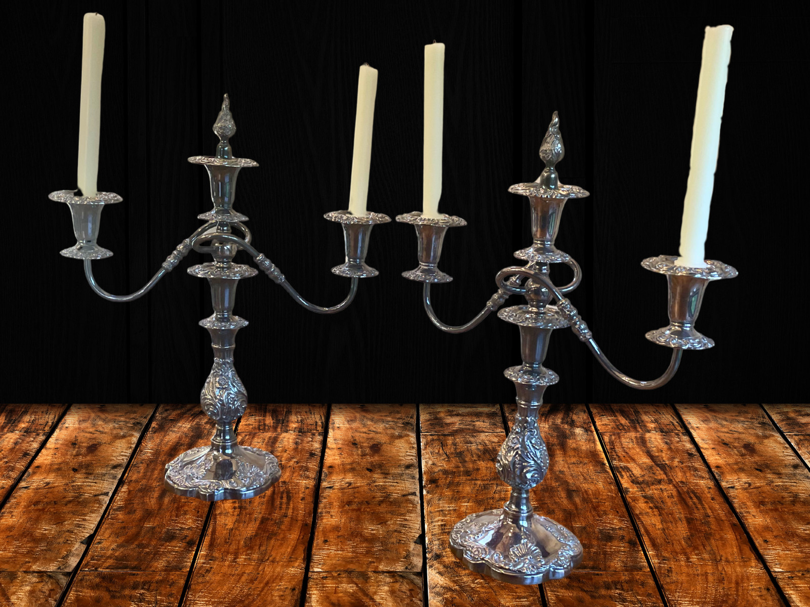 Antique Sheffield Silver Co 3 Light Candelabras ~1920 Silver on Copper 19″ PAIR