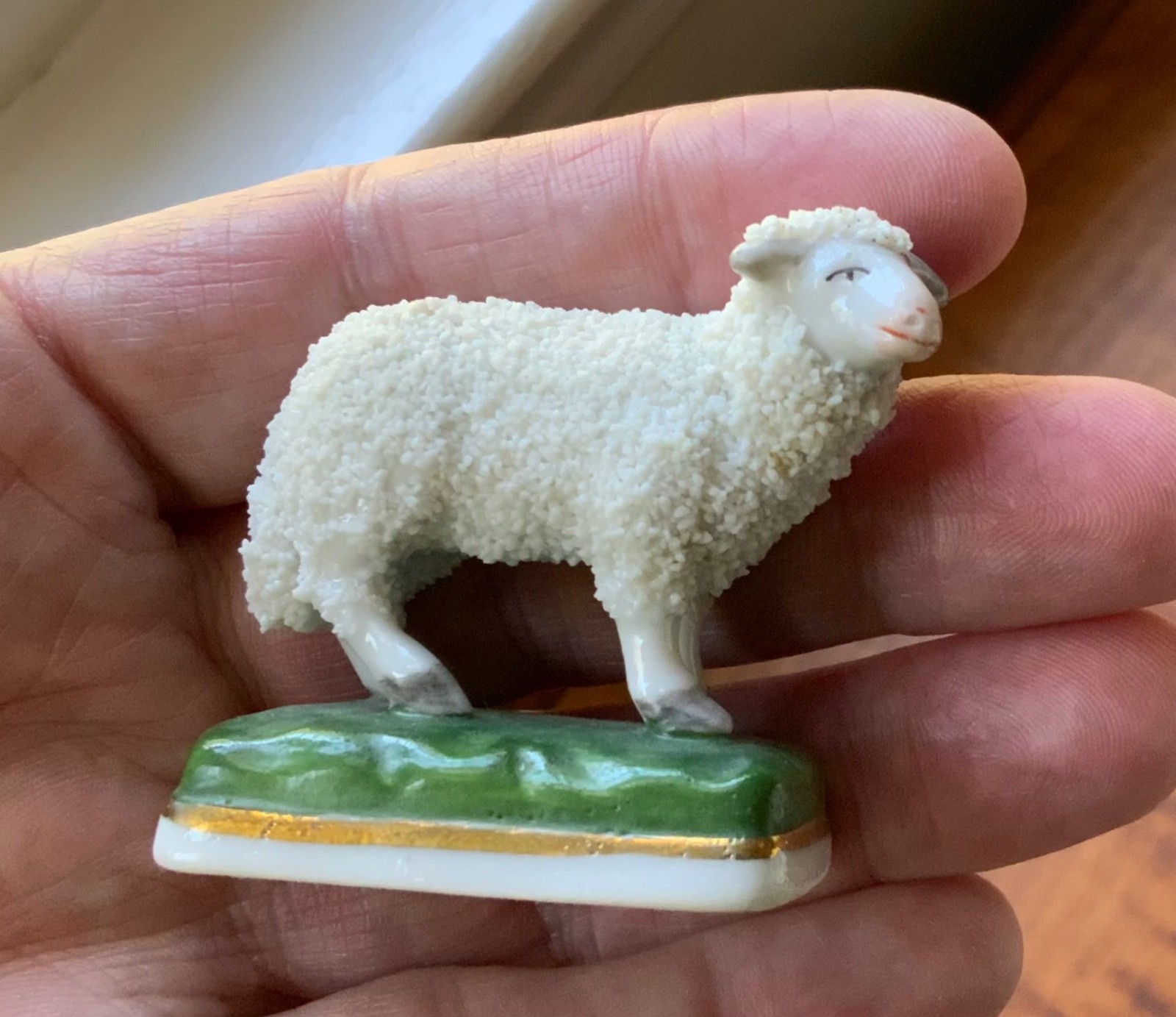 Antique 19C Staffordshire Sheep Confetti Wool Rectangle Green Base Miniature EUC
