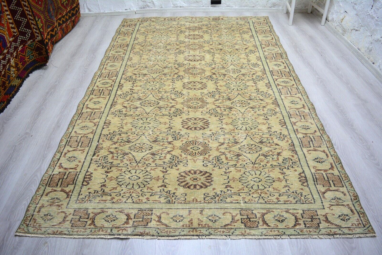 Beige Antique Oriental Handmade Rug, 5.4×9.2ft, Beige Turkish Living Room Rug,
