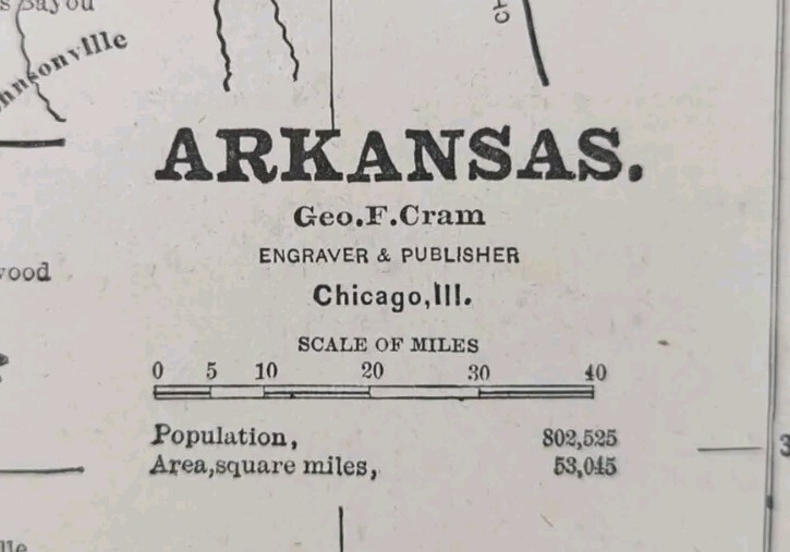 Vintage 1883 ARKANSAS Map 10″x13″ Old Antique Original JONESBORO FORT SMITH AR