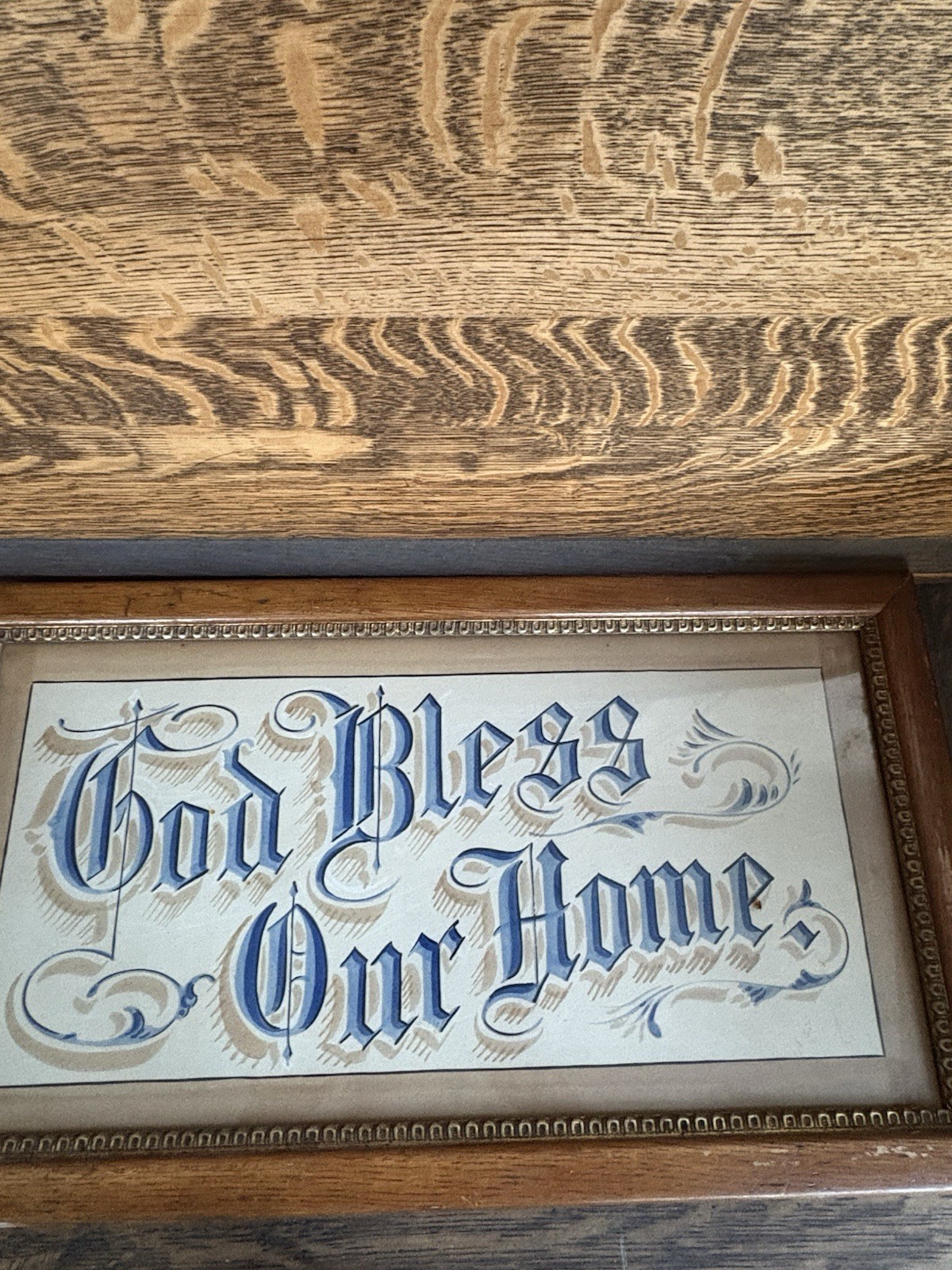 Antique Victorian Hand Painted Calligraphy Motto Framed “God Bless Our Home”