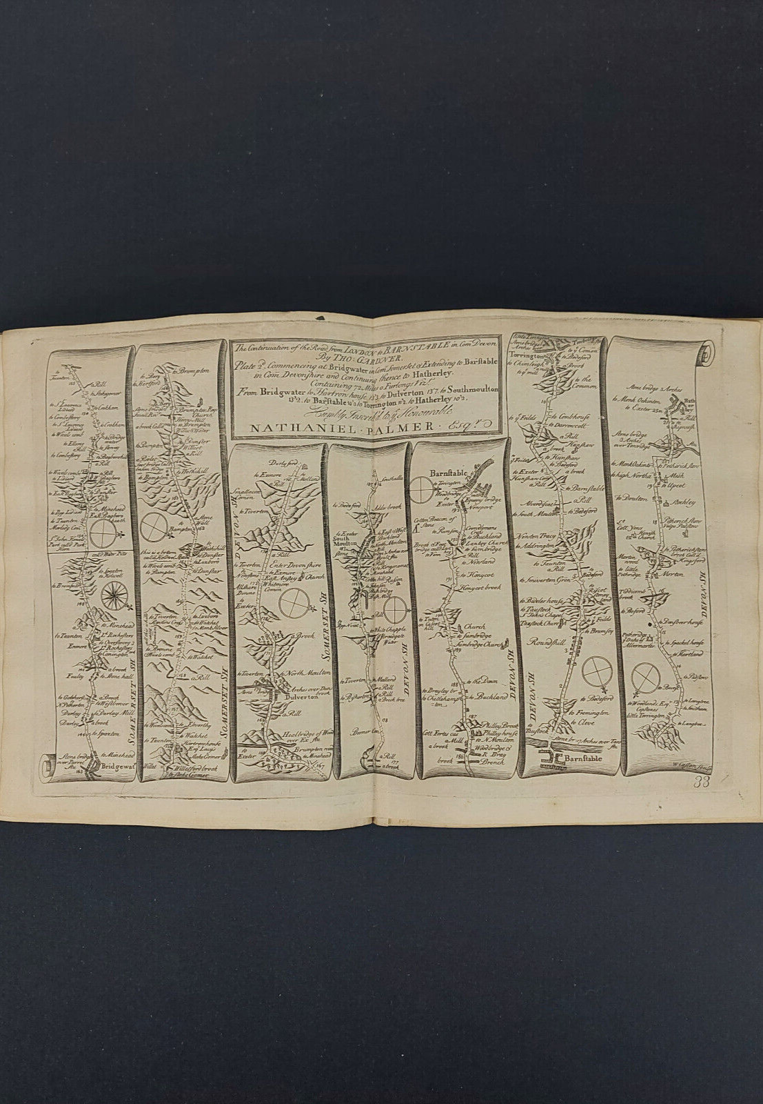 Bridgewater to Hatherleigh Road Map, Thomas Gardner 1719 Original Barnstaple
