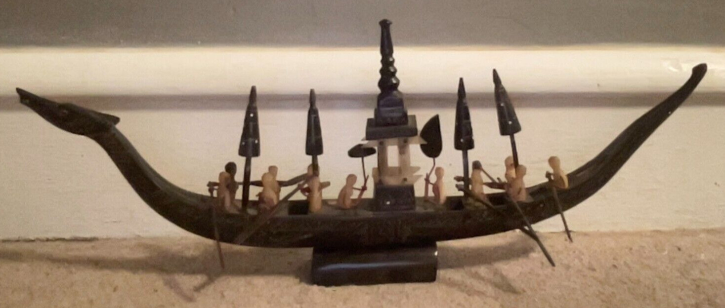 Antique Asian Wood Ship. 13 Unconfirmed Pure Jade Oarsmen. 19″ Long.