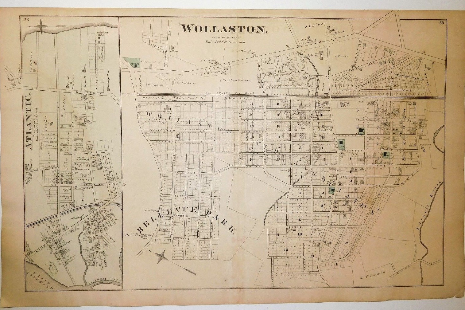 Original 1876 Map Wollaston Medfield Quincy Point Old Mass Ma Old Atlas Bellevue