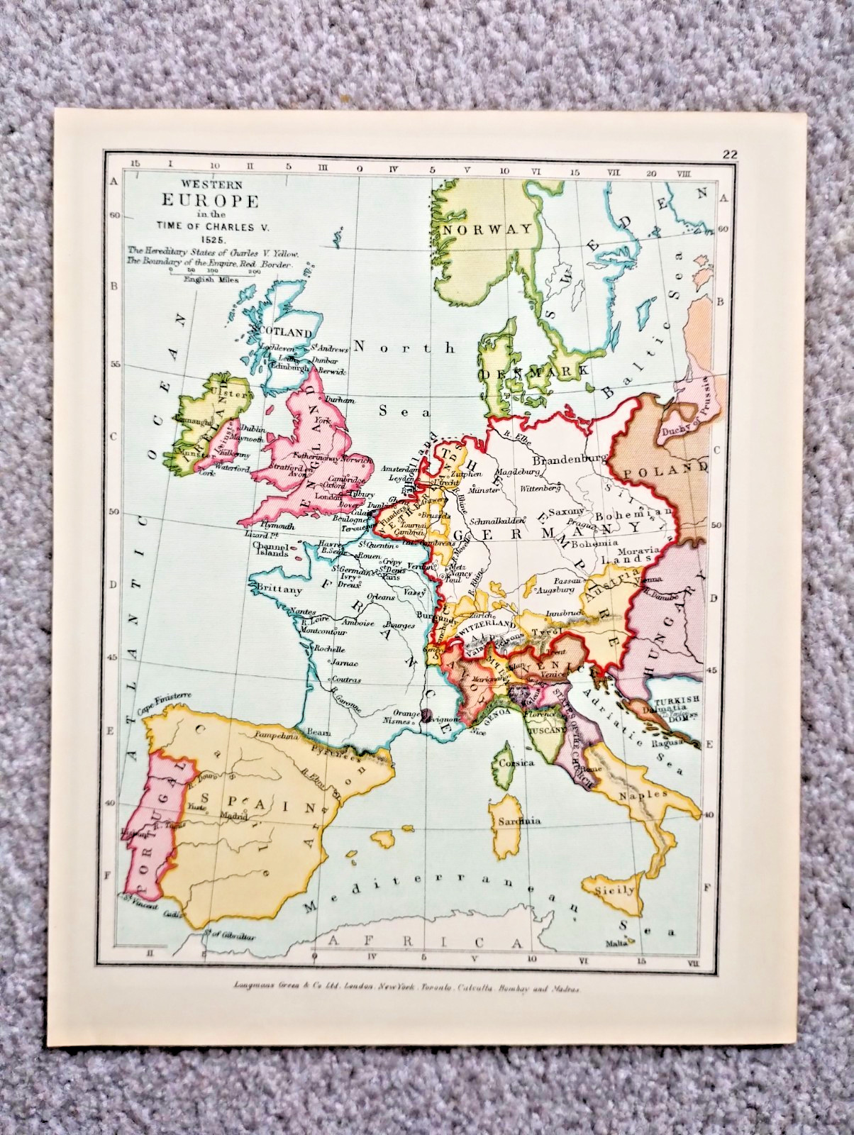 Western Europe in 1525 – Antique 1928 Map