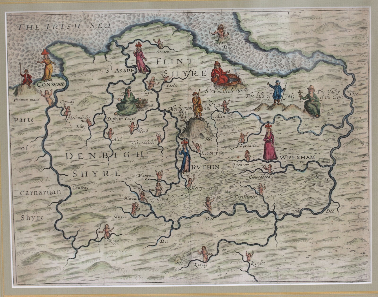 Rare original map by Michael Drayton of North Wales, beautifully framed