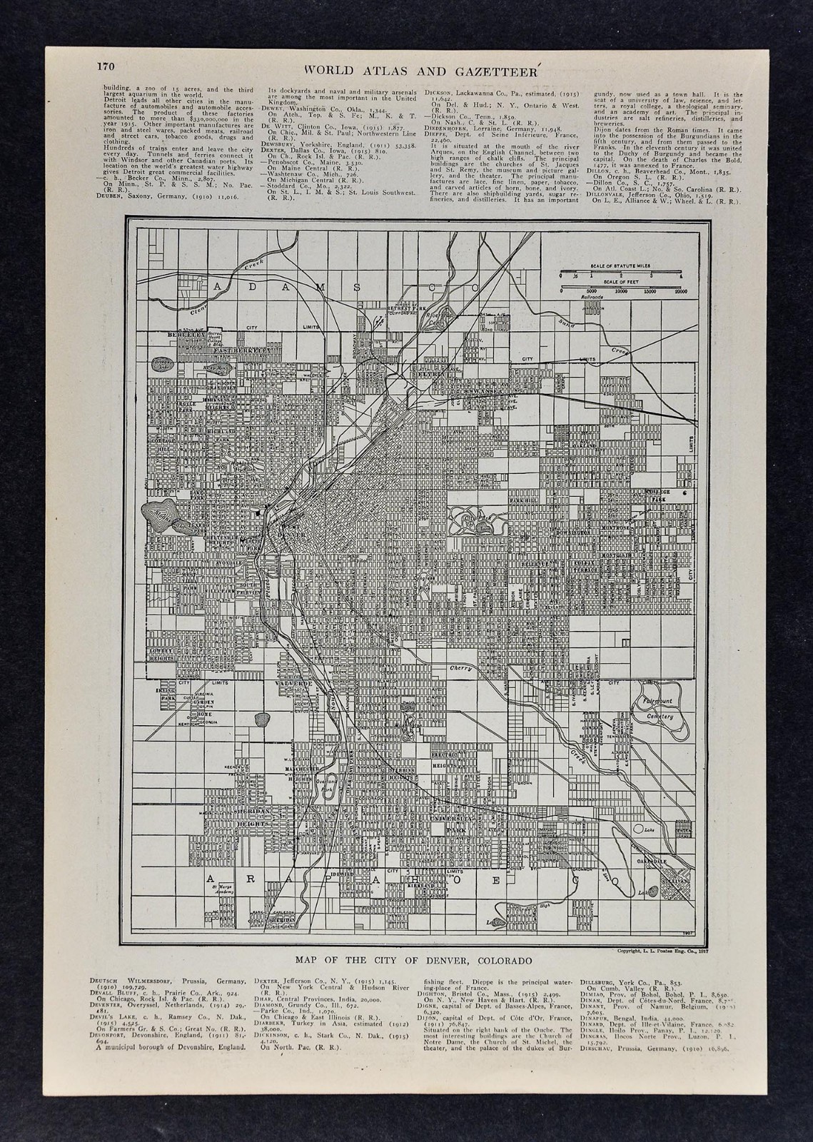 1917 Poates Map Denver Colorado Highland Park Overland Downtown Platte River