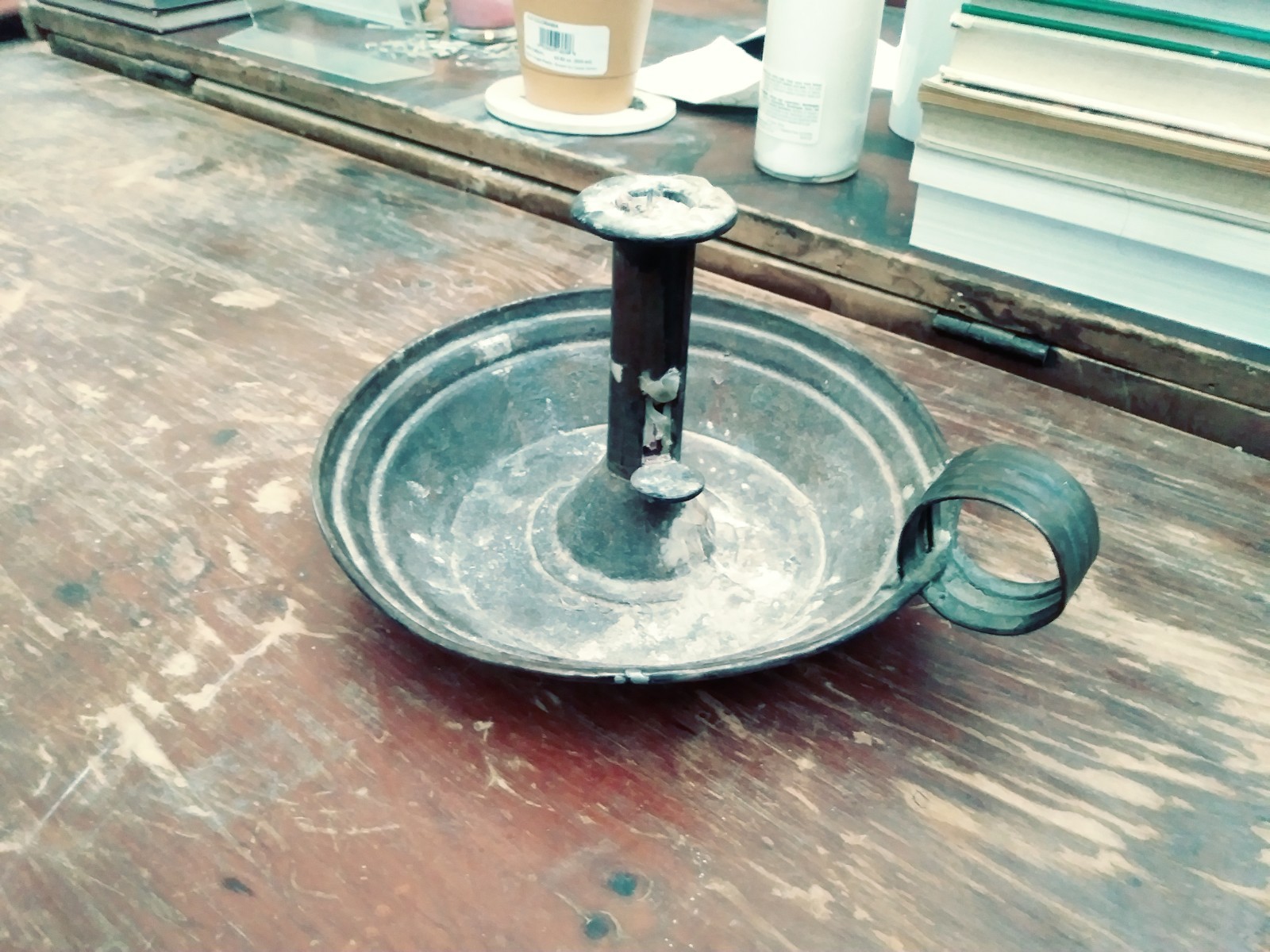Scarce 19thC. Primitive Tin Chamber Stick Push-Up Candle Holder Metalware 1800’s