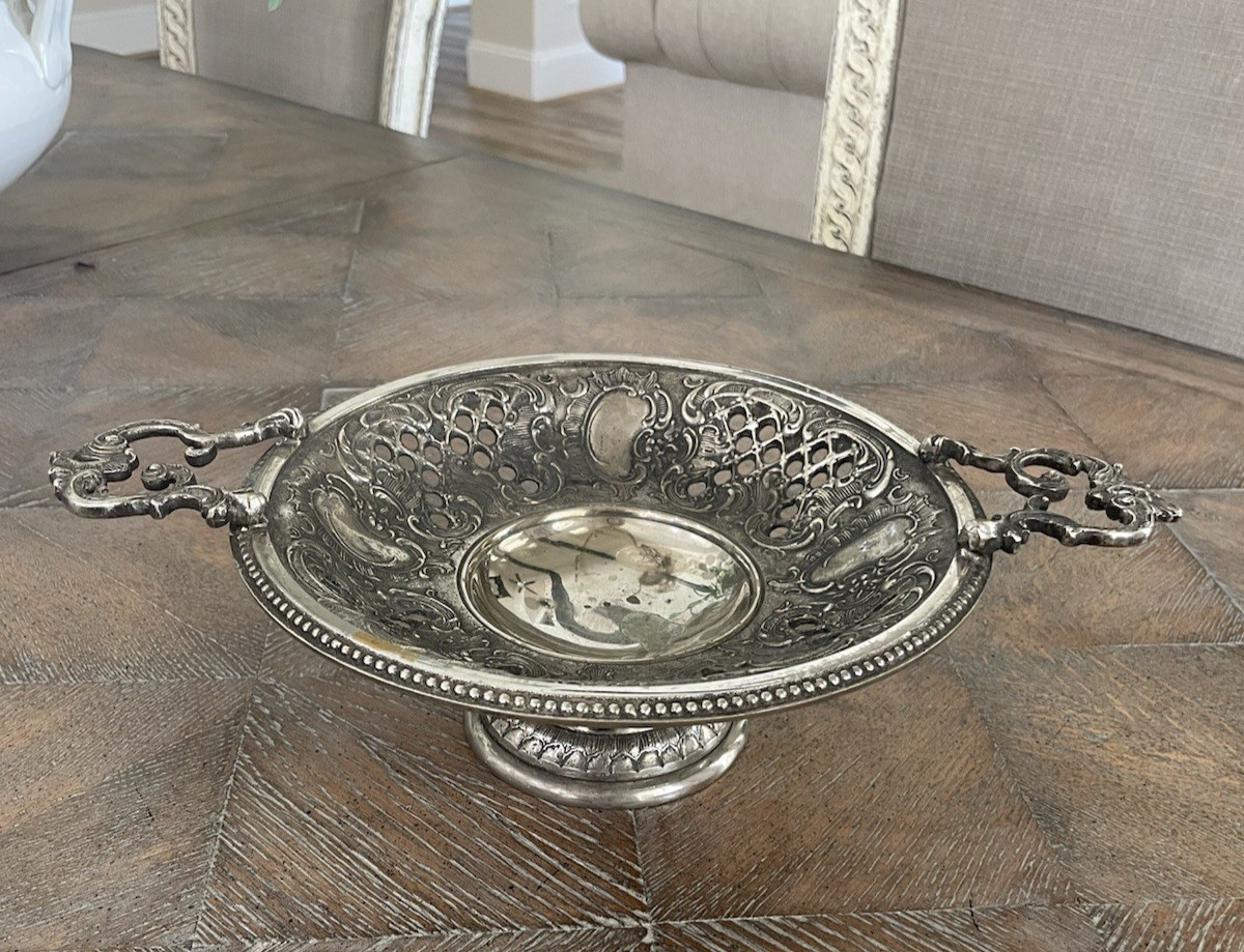 Vtg Ornate Handled Pierced Silverplate Pedestal Compote Bowl 9″ D