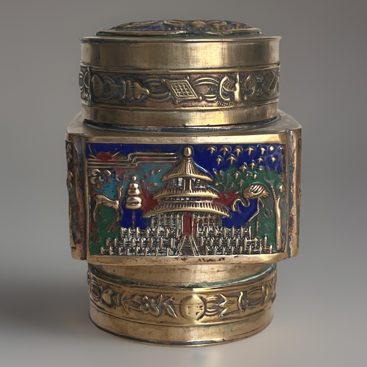 Vintage Chinese Tea Caddy Trinket Box Brass Cloisonne Jar with Lid Enamel
