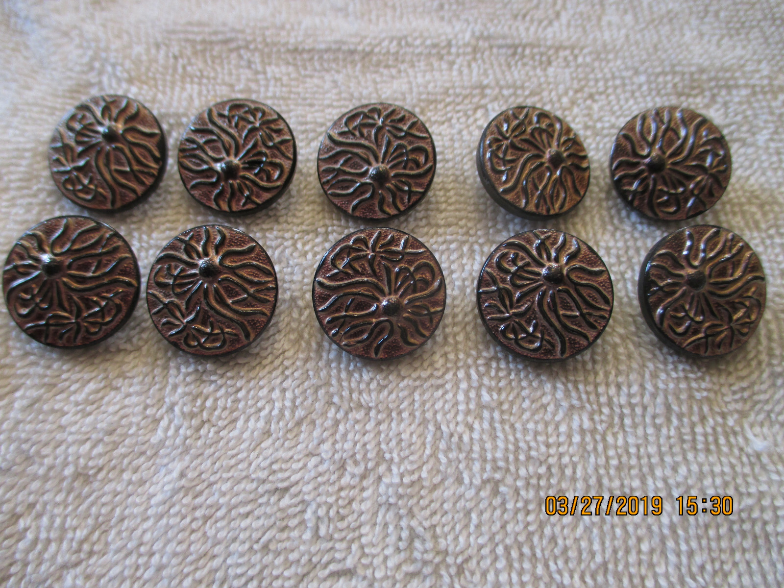 10 Czech Black Glass Buttons with a Copper Coated Abstract Design #30 .657″