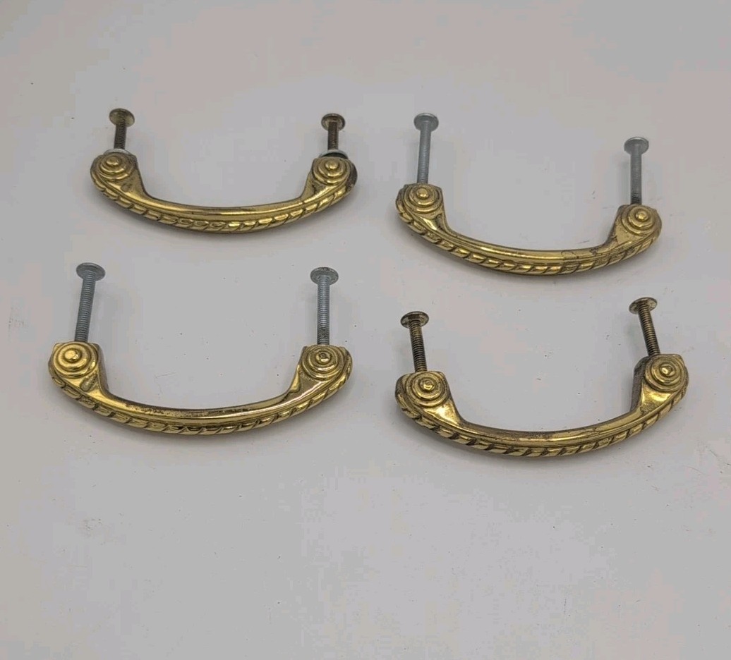 Solid Brass 3 1/2” Scroll Cabinet Door Drawer Pull Handles, set of 4 Vintage