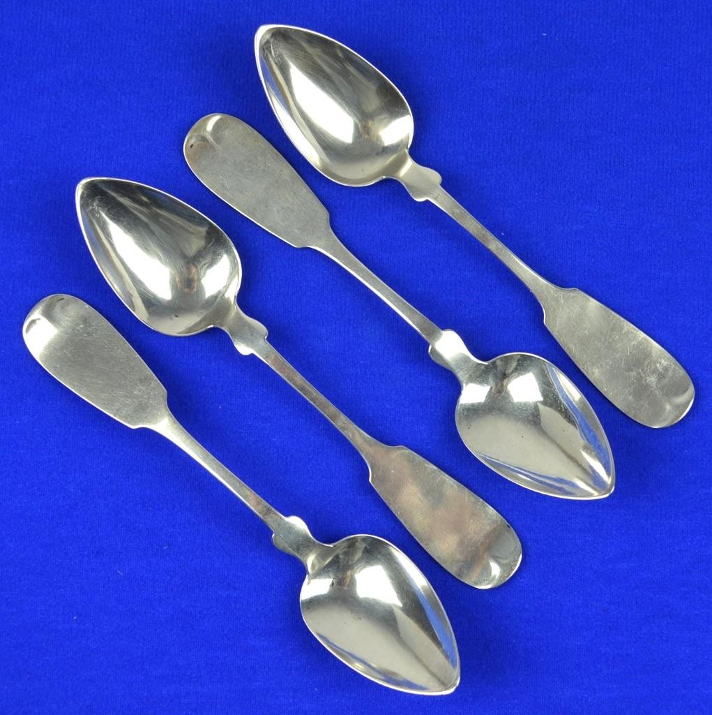 RARE E. PEACOCK COIN SILVER SPOONS (4) CHICAGO OLDEST EXISTING RETAILER c1860’s