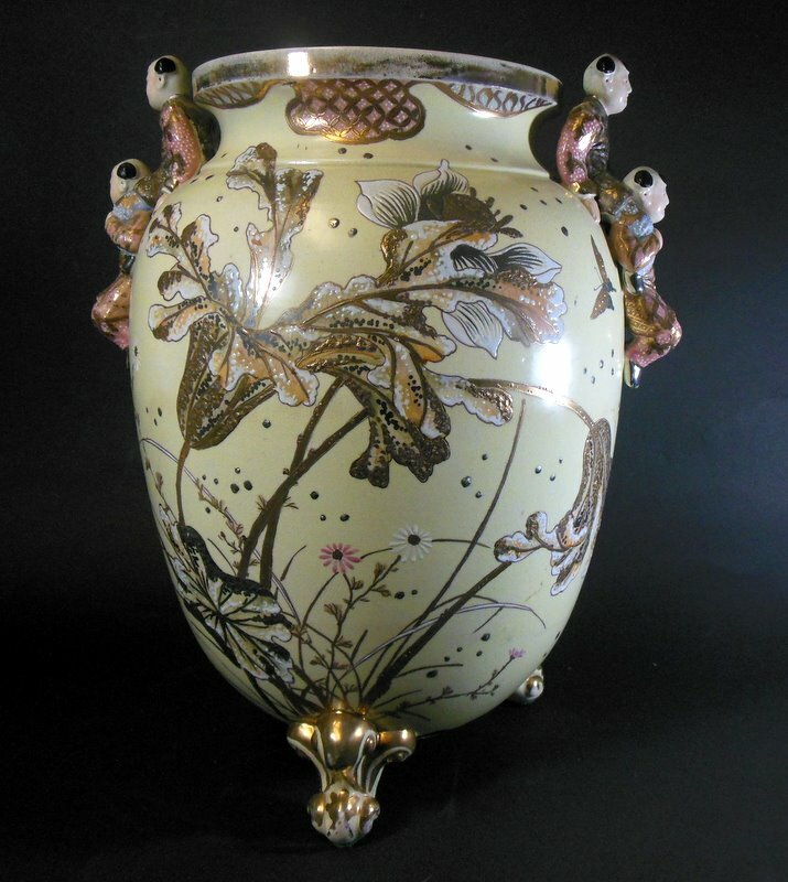 Antique LARGE 16″ h JAPAN SATSUMA Vase Meiji flowers Peonies BOY Handles Asian