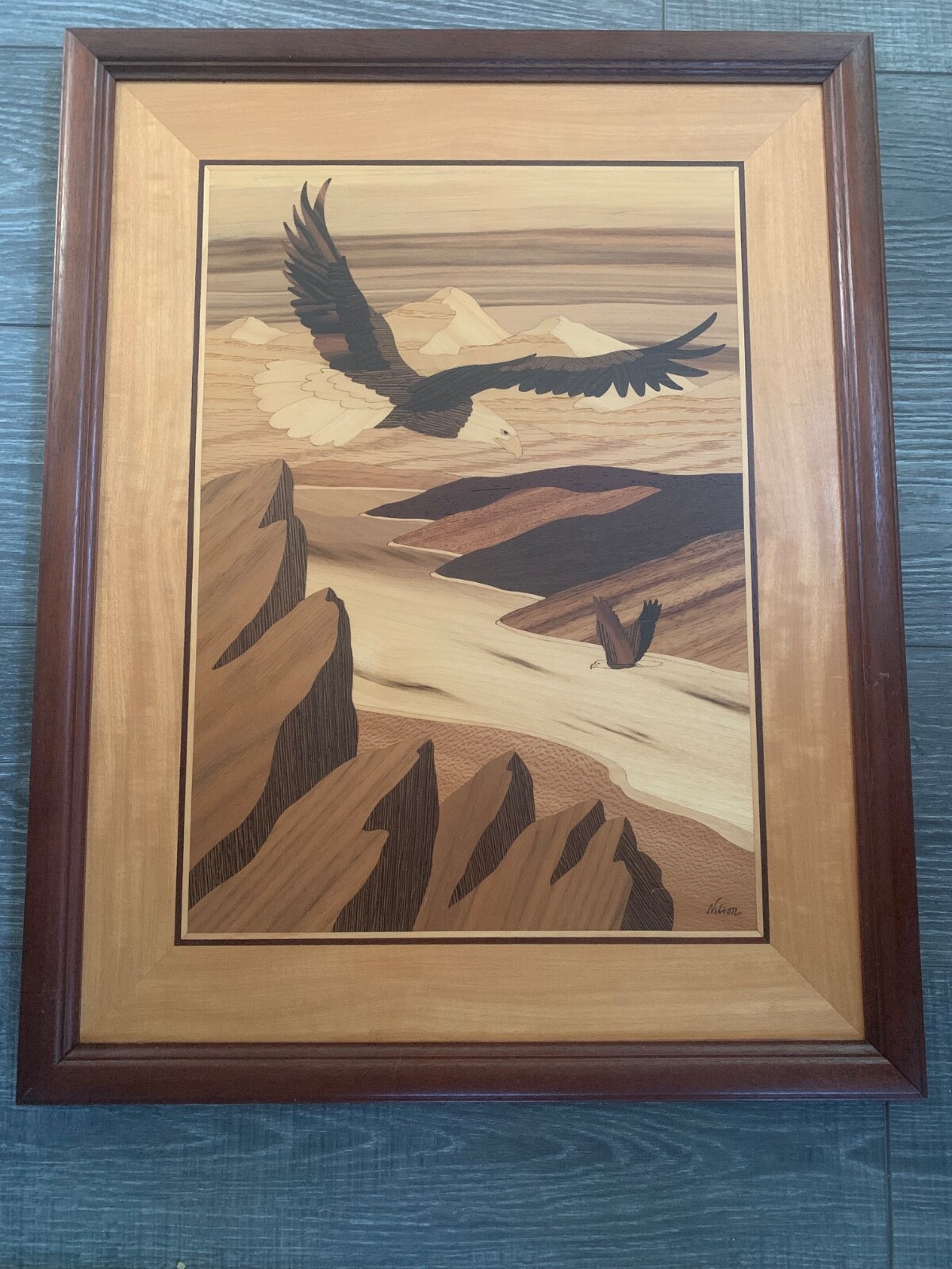 HUDSON RIVER INLAY PICTURE – JEFF NELSON-SOARIN EAGLE – WOOD MARQUETRY – 24 X 28