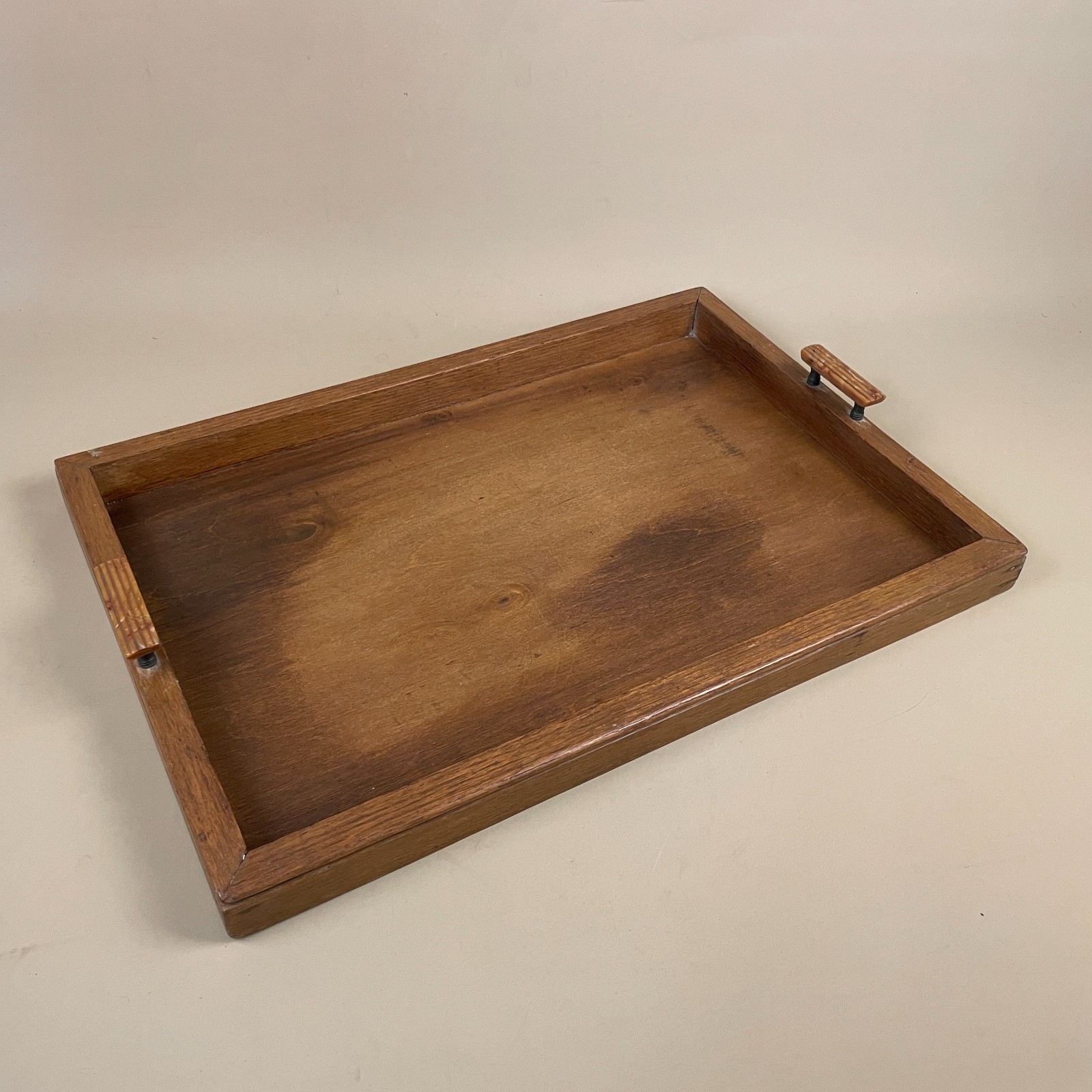 Antique Wooden Tray Wood Display Rectangle Plastic Handles Solid Handmade Brown