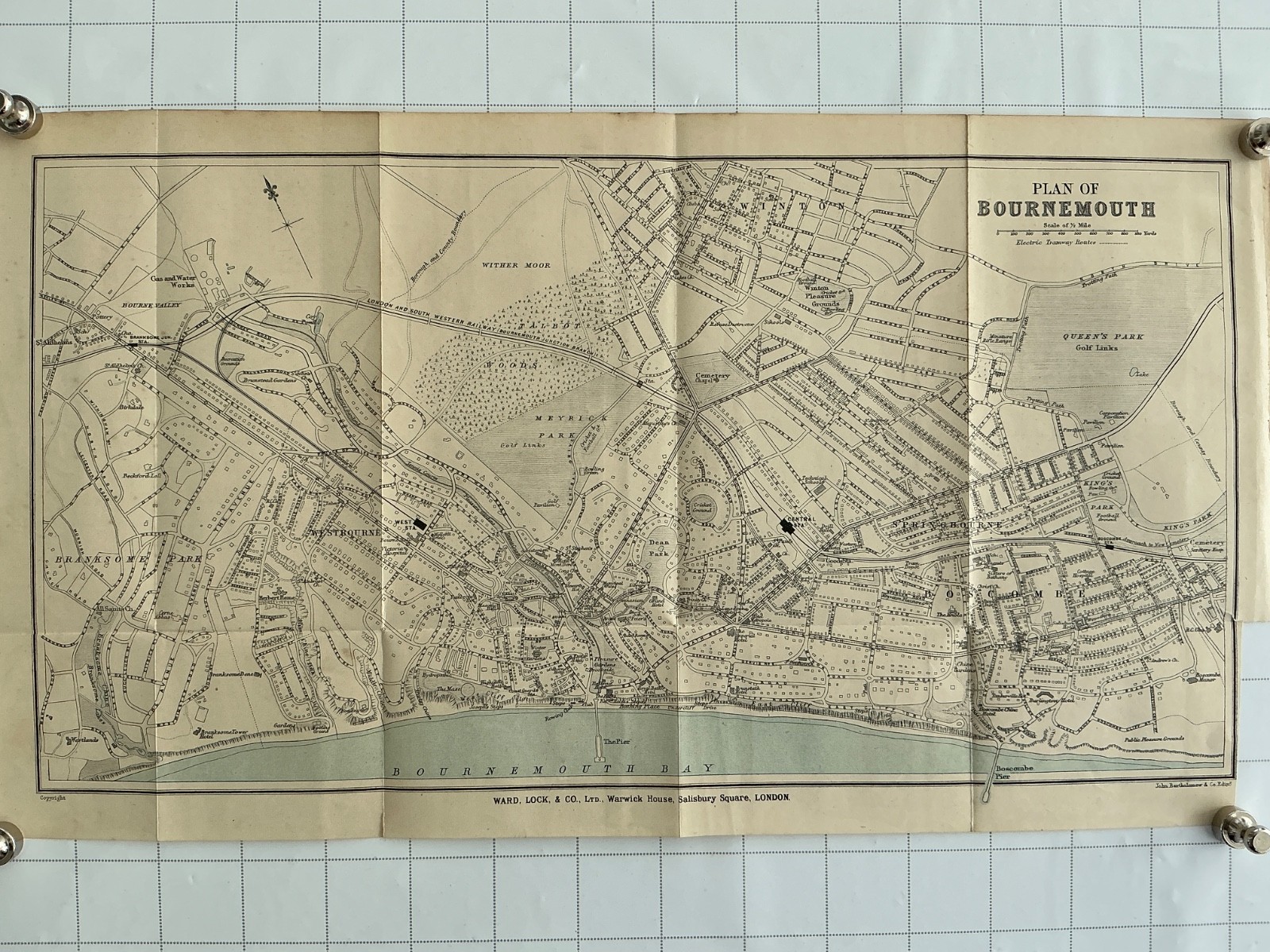 BOURNEMOUTH – 1912 Antique Street Map Plan Original Golf Meyrick Queens Park