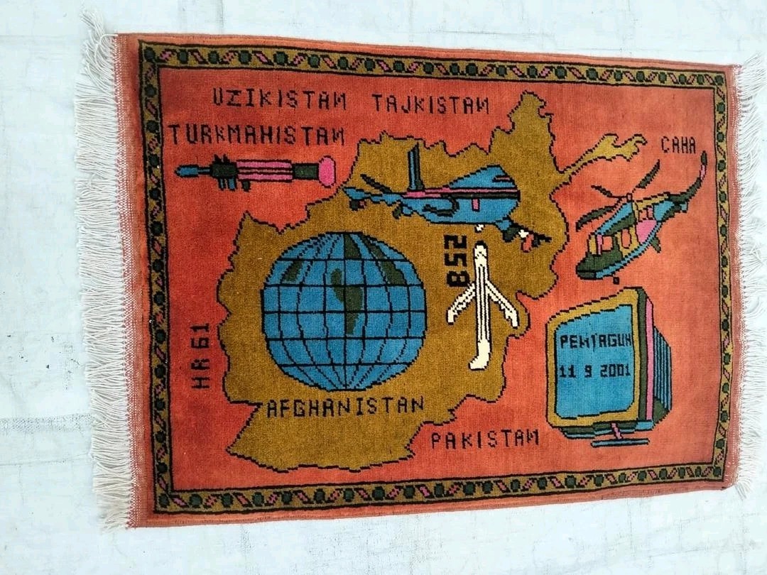 Opium Rug Afghan Handmade Vintage War Rug afghanistan map Wool