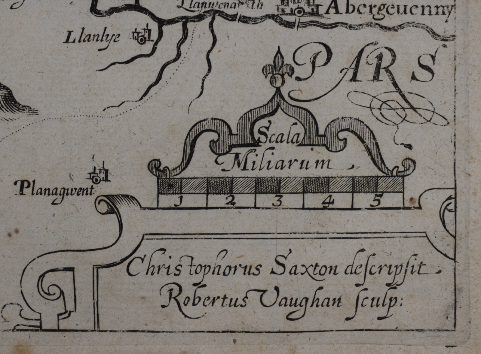 Breckonoc Comitaus – Saxton & Robert Vaughan 1637 copperplate engraved map.