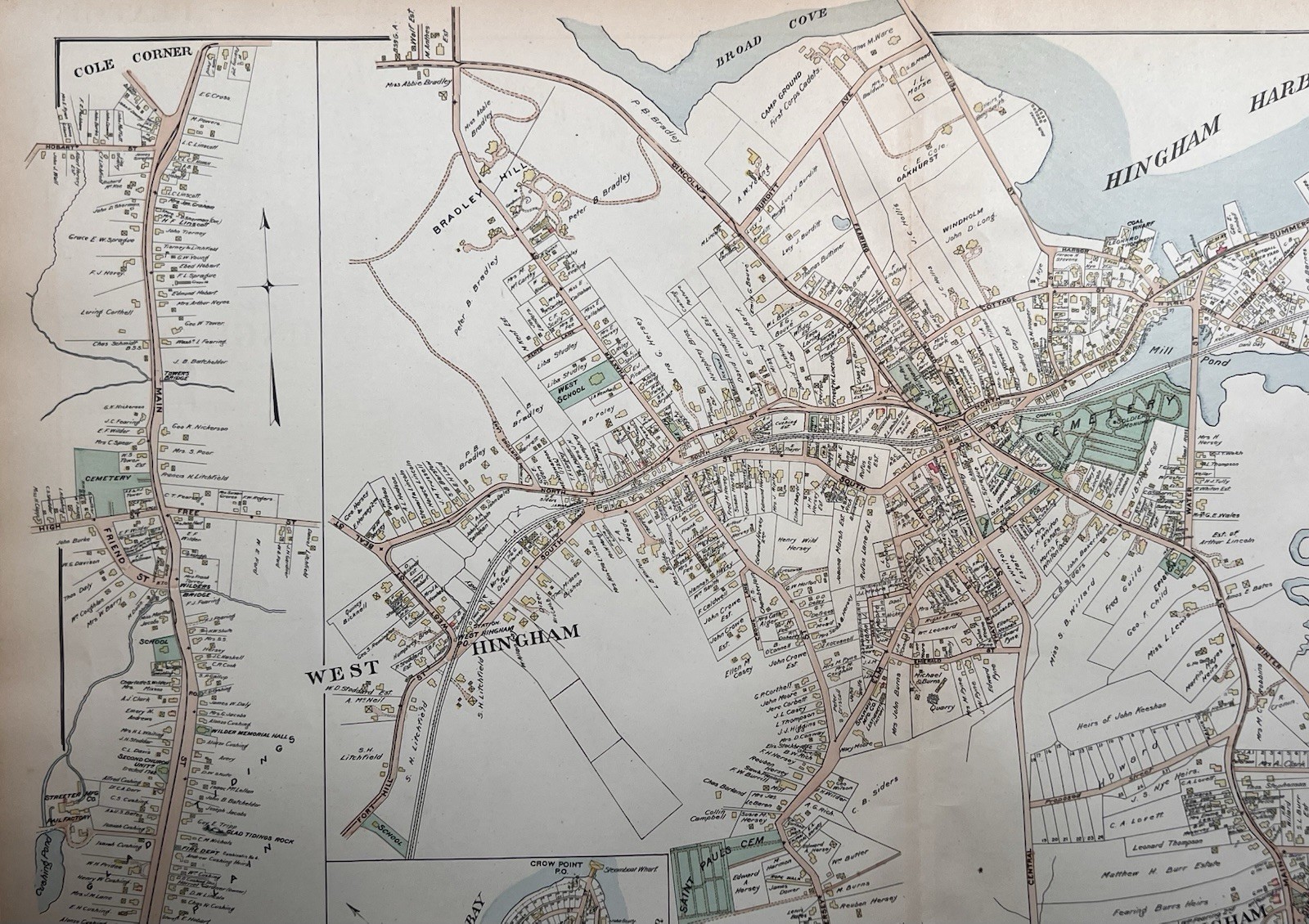 Orig 1903 Hingham Map,Centre,Harbor,Mill Cushing Pond,Broad Cove,Crow Pt,MA Mass