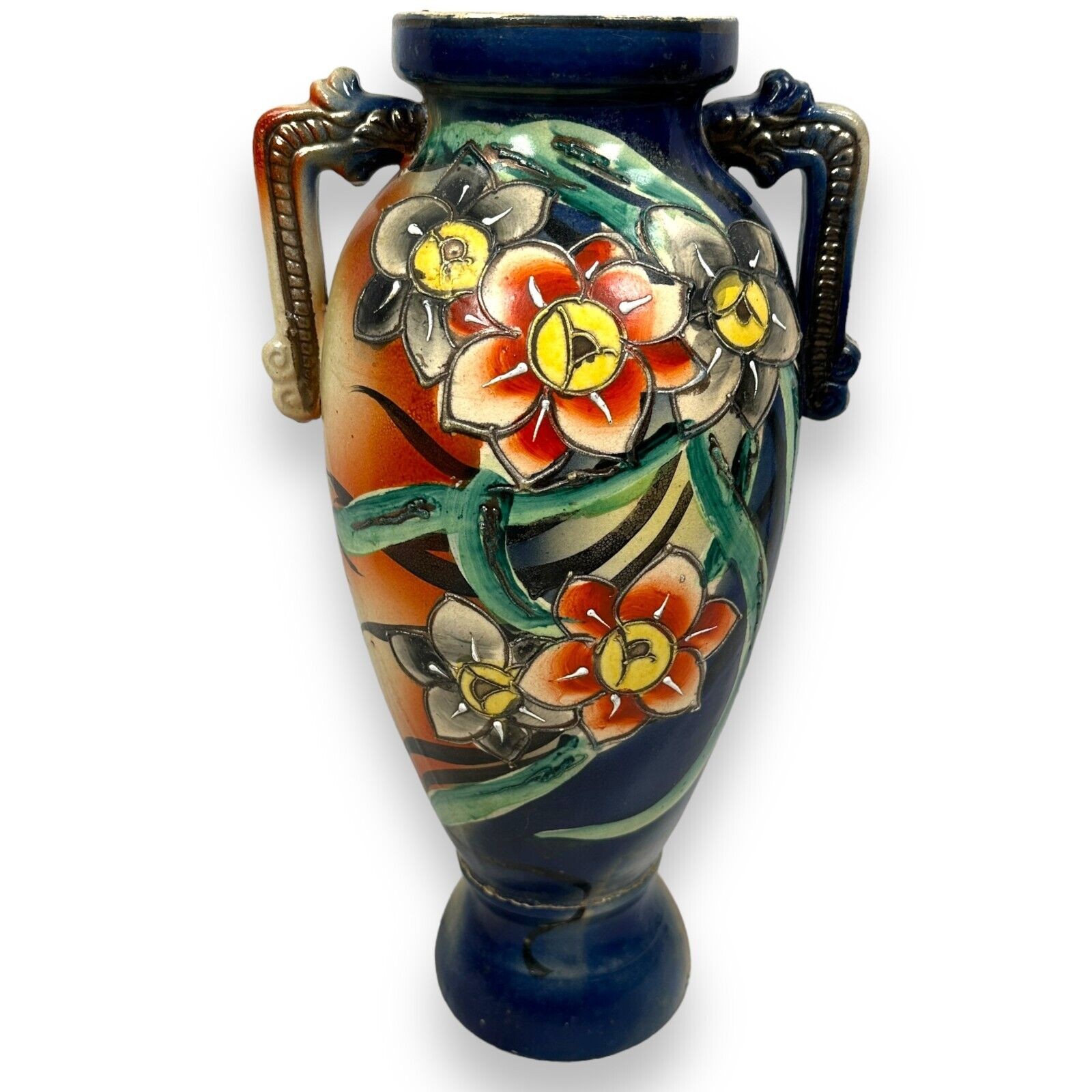 Vintage Japanese Vase Floral Moriage Dragon Handle Flowers Blue Red 14.5″ Japan