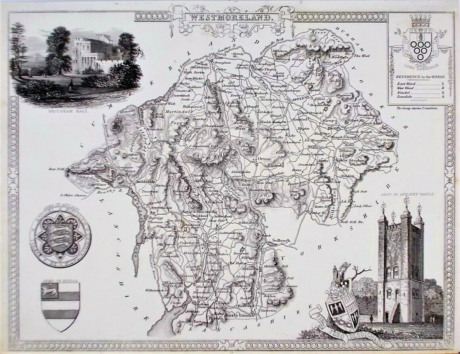 OLD ANTIQUE MAP WESTMORELAND by THOMAS MOULE c1840’s views APPLEBY CASTLE