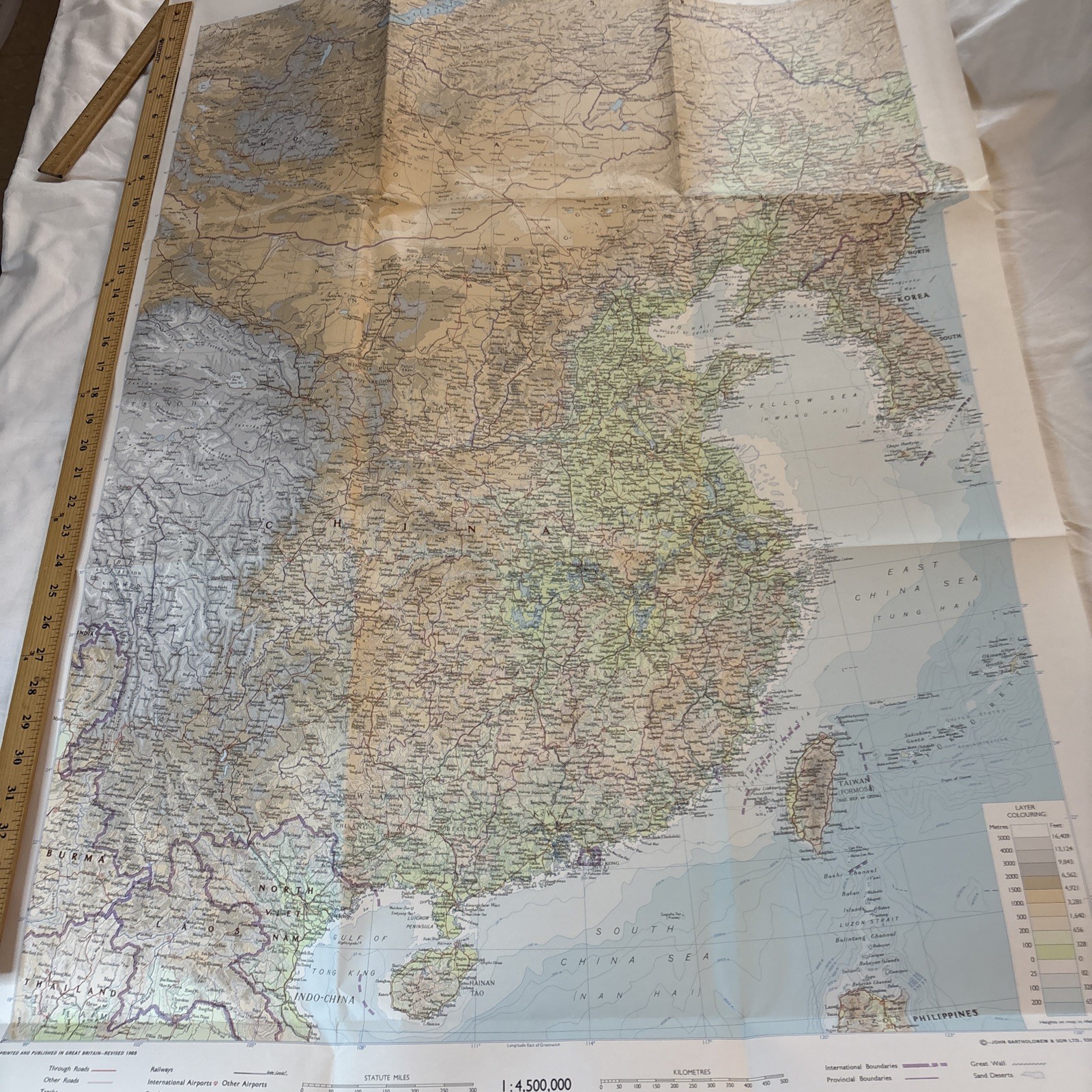 1968 John Bartholomew Large Vintage Map China, Mongolia, And Korea 30” X 39”