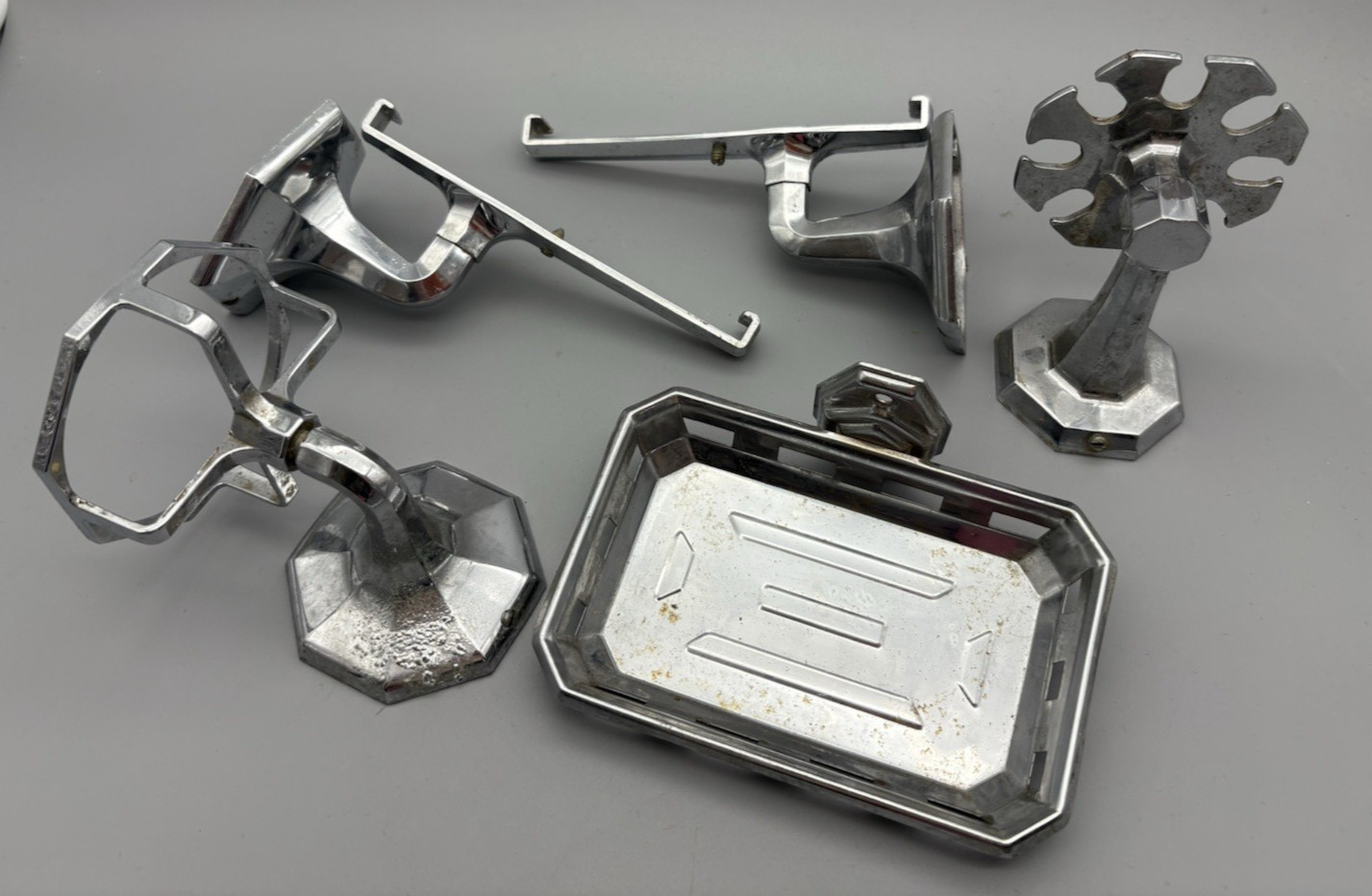 Vintage bathroom hardware soap dish toothbrush holder glass shelf brackets 1940s