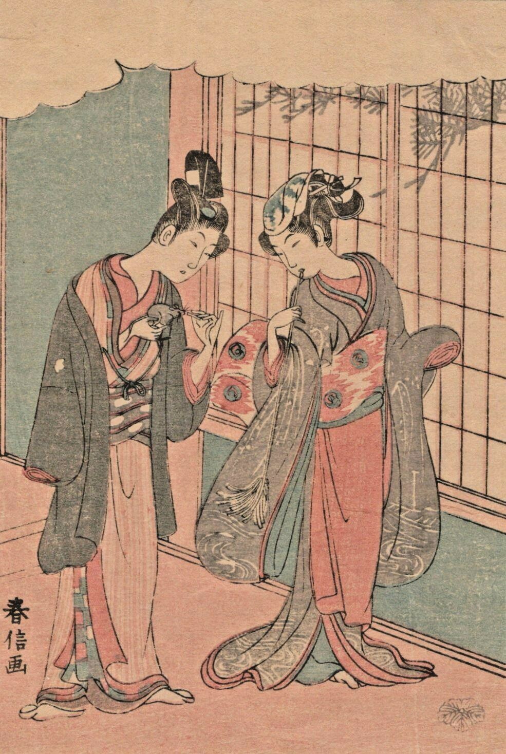 Ukiyoe Suzuki Harunobu Japanese Woodblock Small Print Women light paper