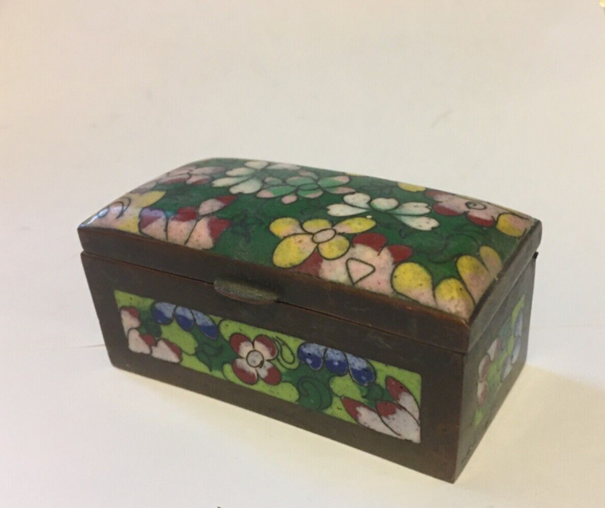Antique Brass Hand-Painted Box Floral Enamel Cloisonne Early 1900s Vintage