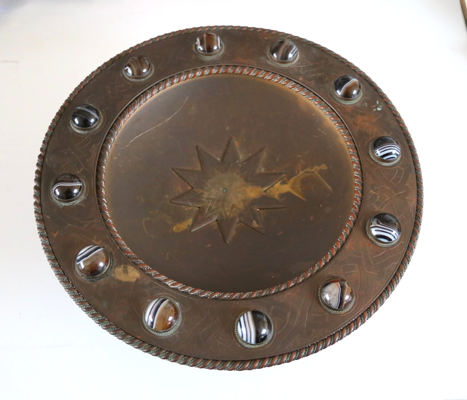 Antique Art Deco Brass Tazza + Agate Cabochon.