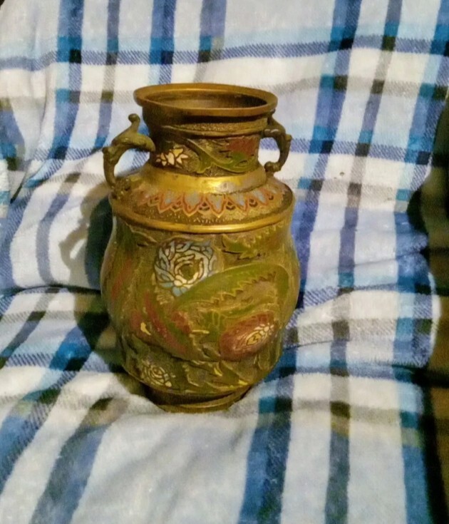 Asian Vase Antique Bronze/Brass Enamel Paint 12 In Tall