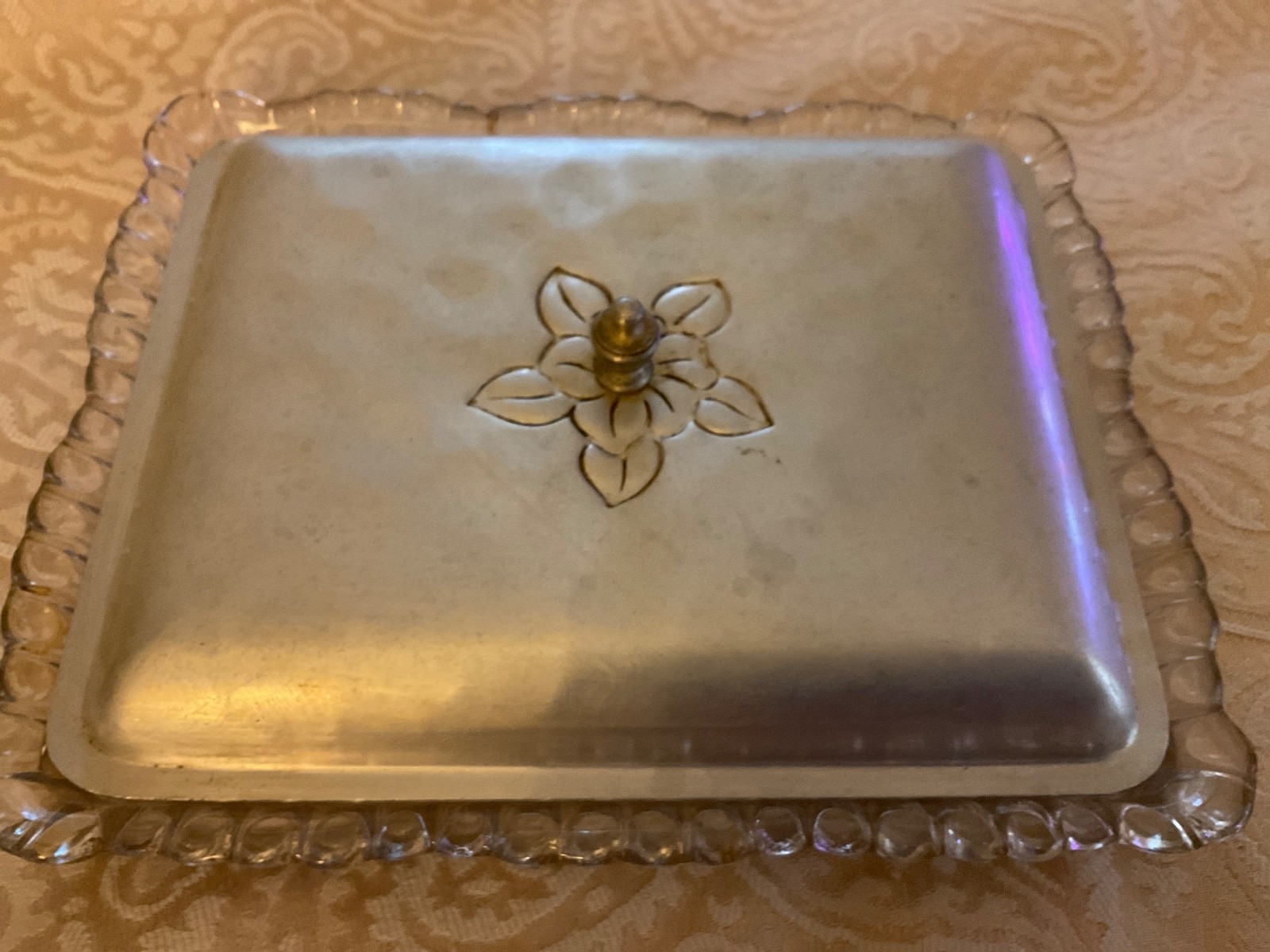 Vintage Glass Relish Tray 3 Divisions With Hammered Aluminum Lid 8.5” x 7”