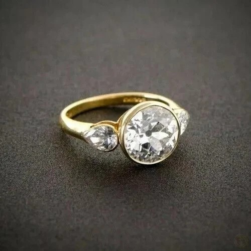 Round Pear Cut Simulated Diamond Art Deco 3 Stones Ring 14K Yellow Gold Plated