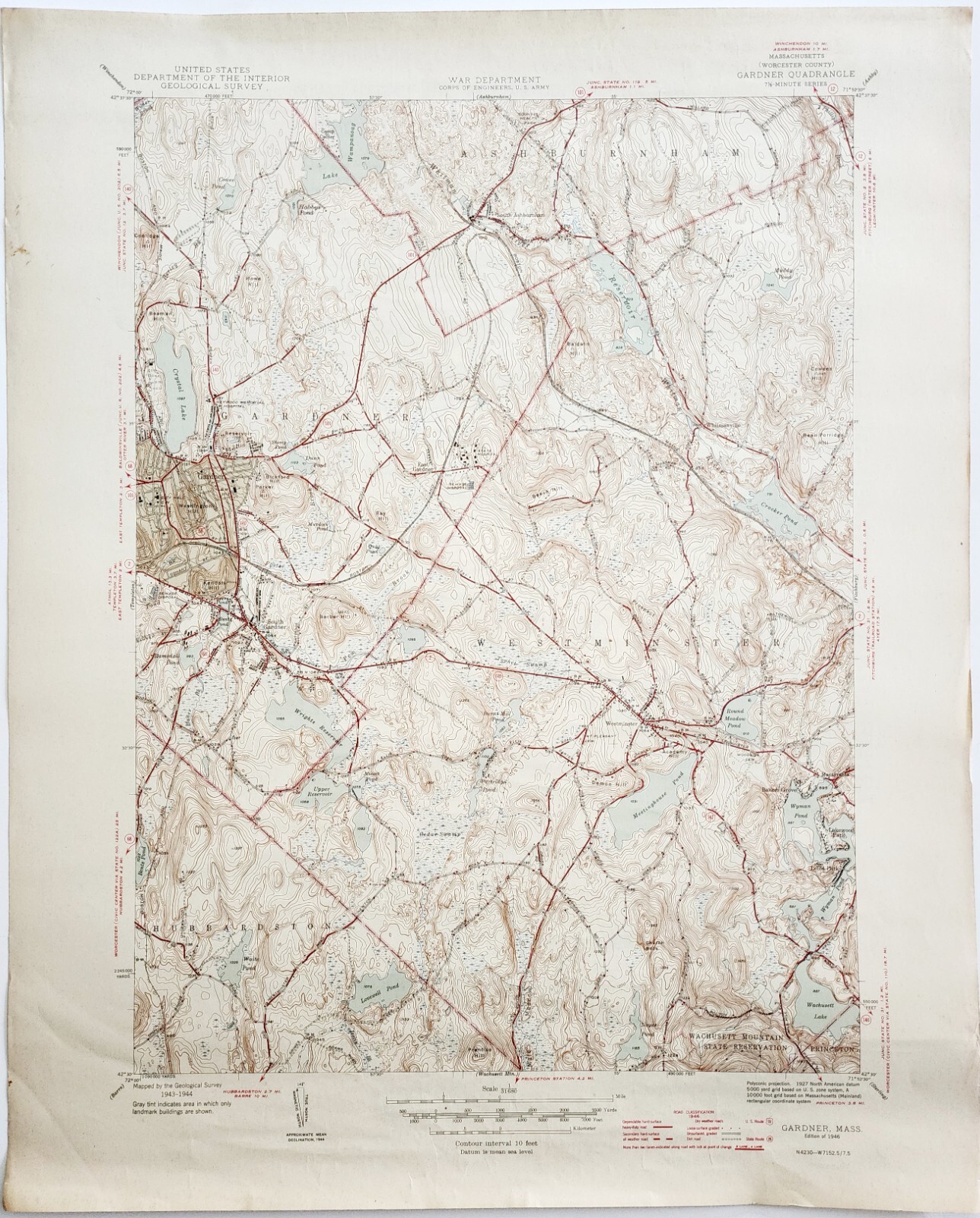 1946 Map USGS Topographic Gardner Massachusetts Antique Quadrangle TOPO21