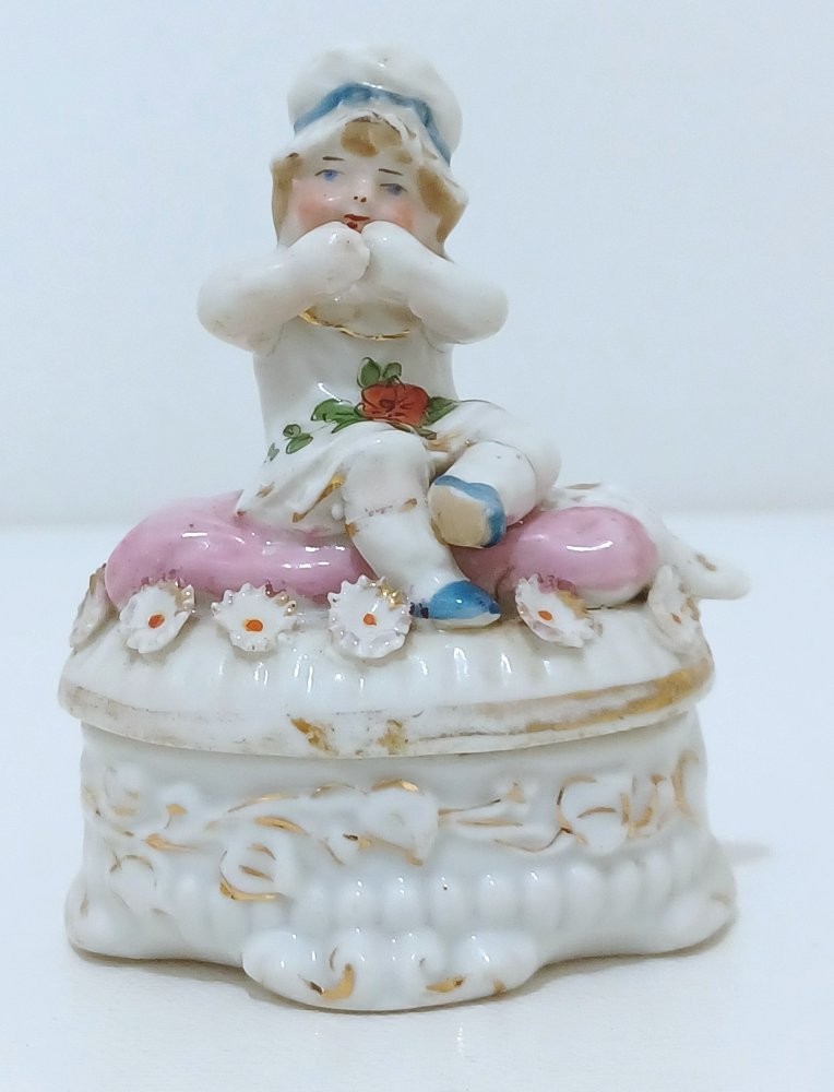 Staffordshire German Conta & Boehme Trinket Box, Baby Girl With Bonnet Sitting