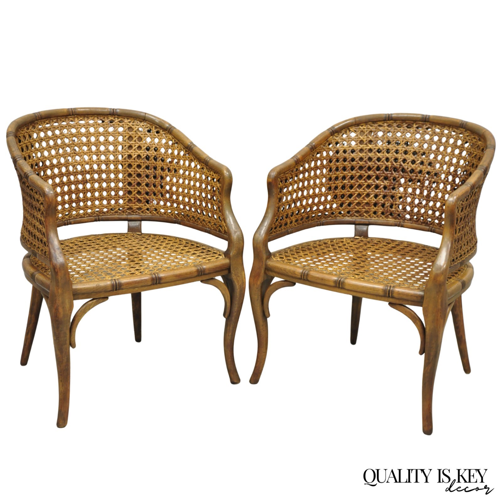 Vintage Hollywood Regency Faux Bamboo Wood & Cane Barrel Back Lounge Chair, Pair