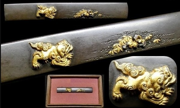 Japan Antique Kozuka Japanese Sword Edo Period Chinese Lion Silver and Copper JP