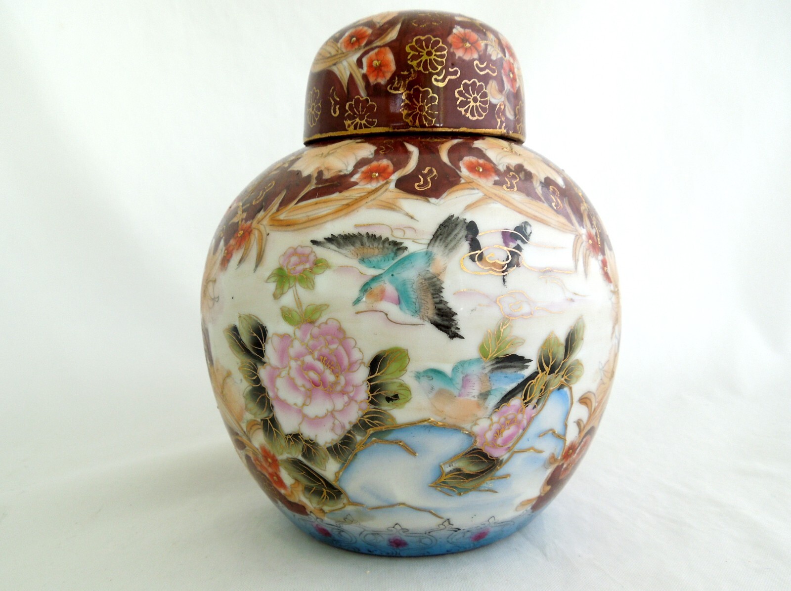 Antique Hand Painted Chinese Ginger Jar Birds Flowers 6 ” Trimmed in Gold