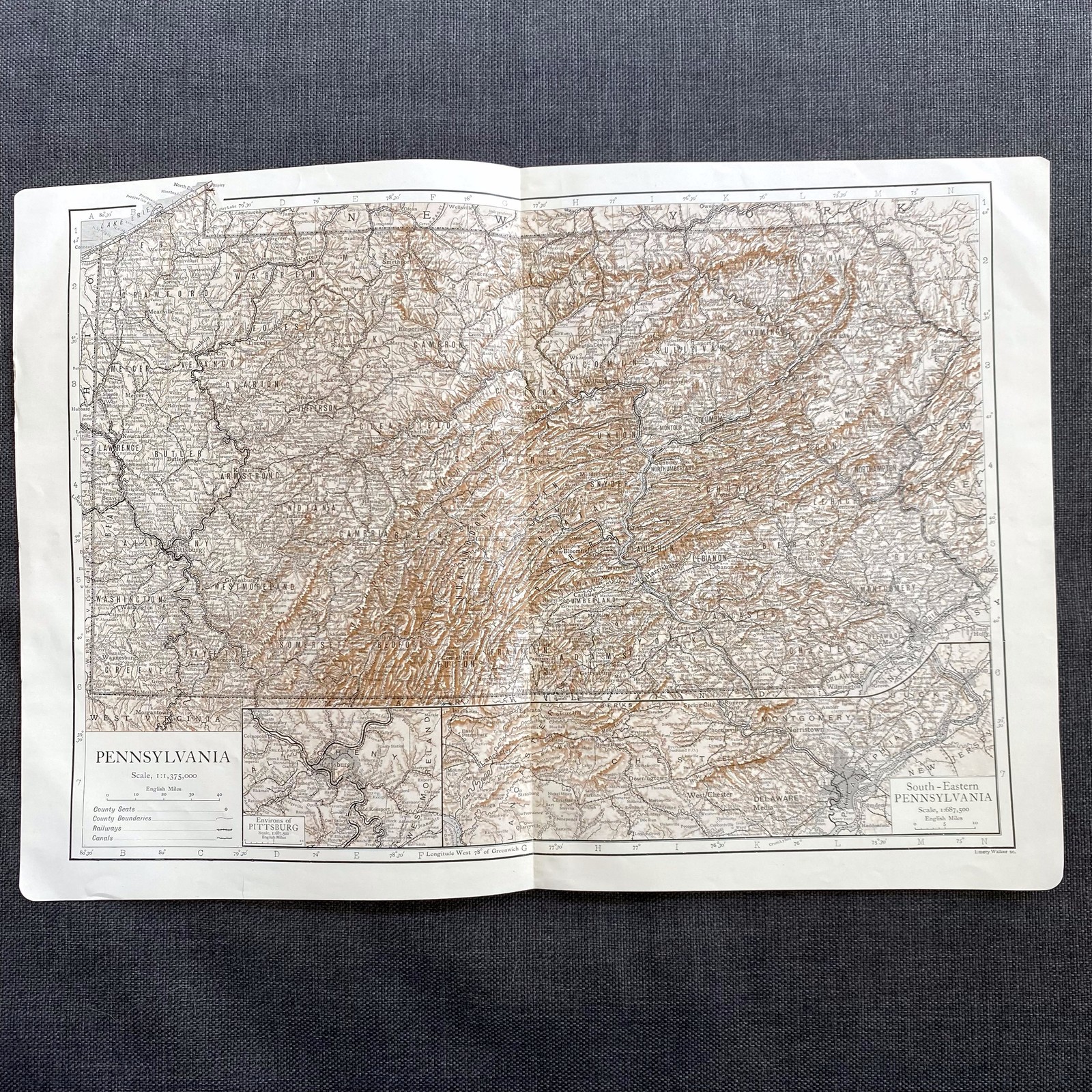 1910 Map of Pennsylvania 11×17 Double Page from Antique Encyclopedia