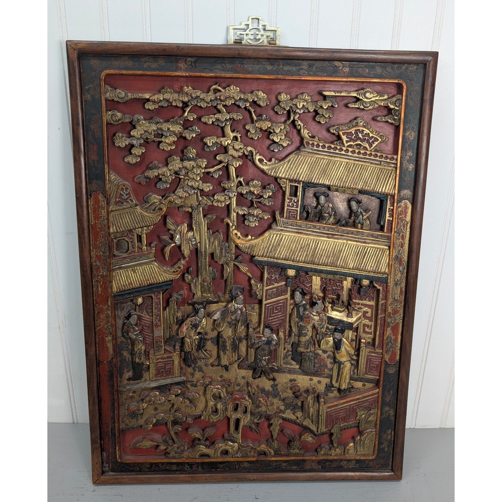 Antique Chinese Gilded Red Lacquer Wood Relief Panel Carved Wall Art 23×17