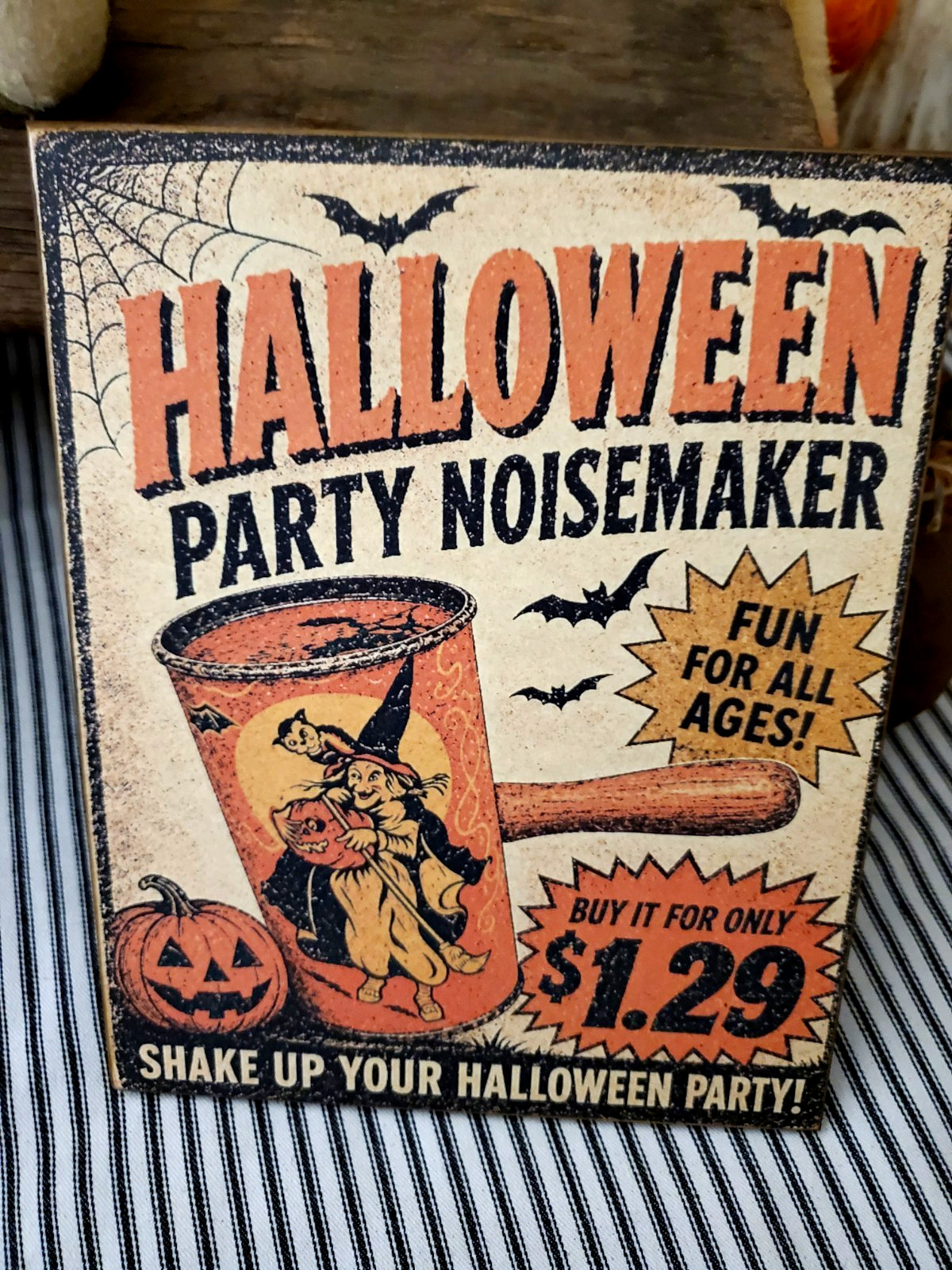 TIN PARTY NOISEMAKER OLD PRIMITIVE RETRO VINTAGE STYLE HALLOWEEN STORE AD SIGN