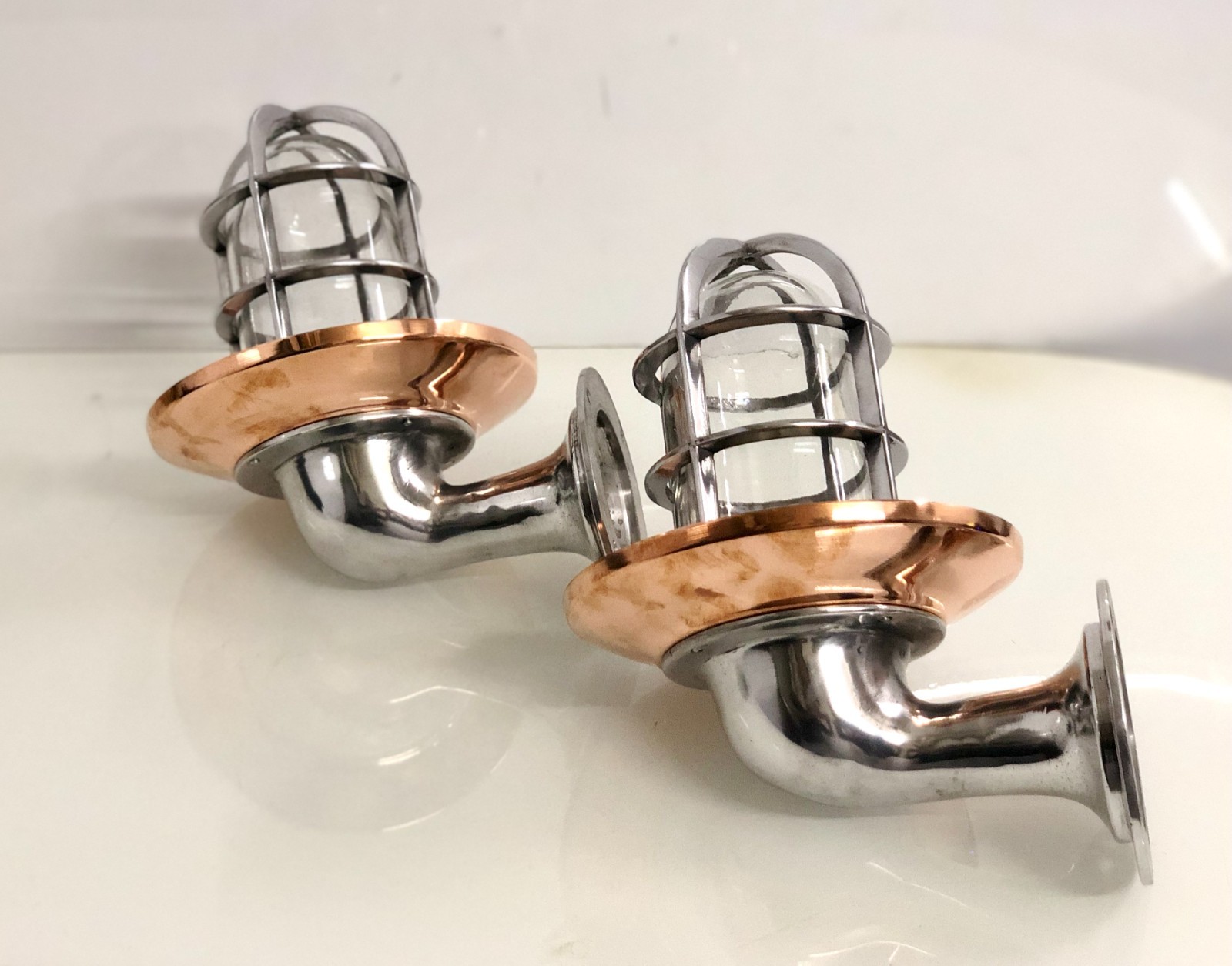 Set of Two Wall Antiques Fixture – Copper Shade & Sleek Aluminum Build Lights