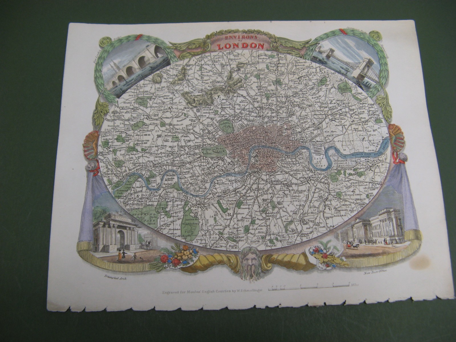100% ORIGINAL c1837 ENVIRONS OF LONDON Map by Thomas Moule C1837 HAND COLOURED
