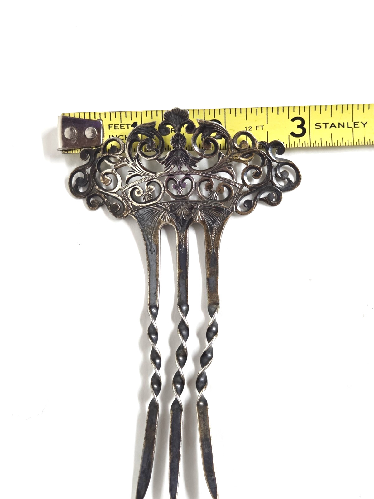 Vintage Victorian Sterling Silver Scrolled Filagree Hair Fork Comb 4.5″ Long