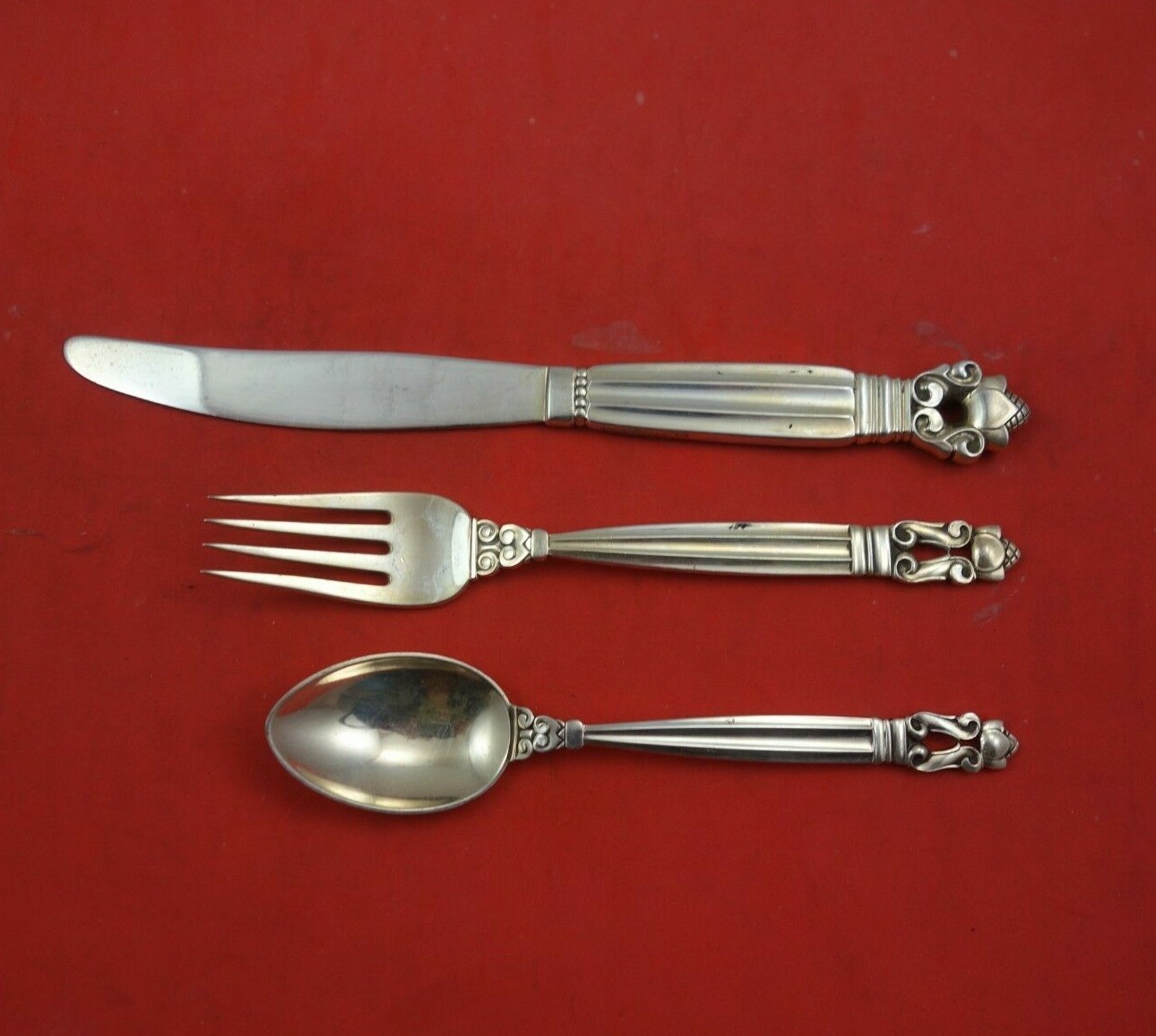 Acorn by Georg Jensen Sterling Silver Junior Set 3pc Knife HH AS 7″ w/Fork Spoon