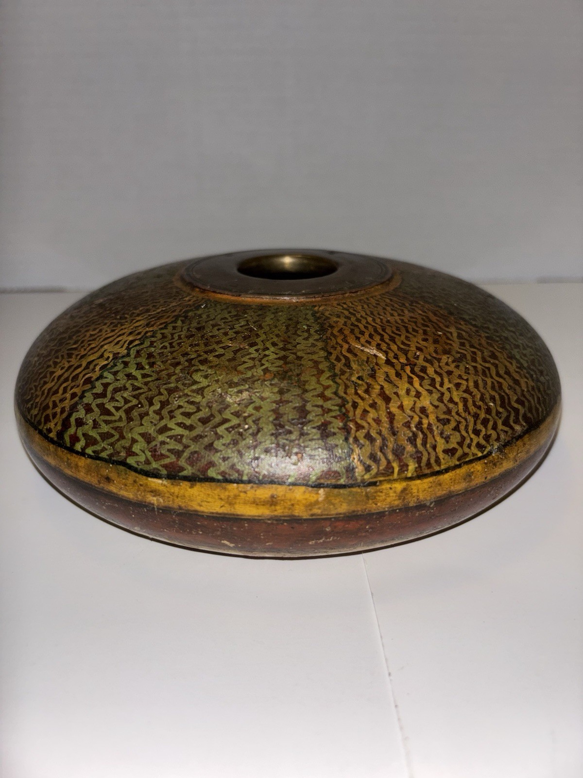 Vintage Wood Hand-Carved Old Tobacco Box. Colorful Stain w/Brass Top/No Lid EUC