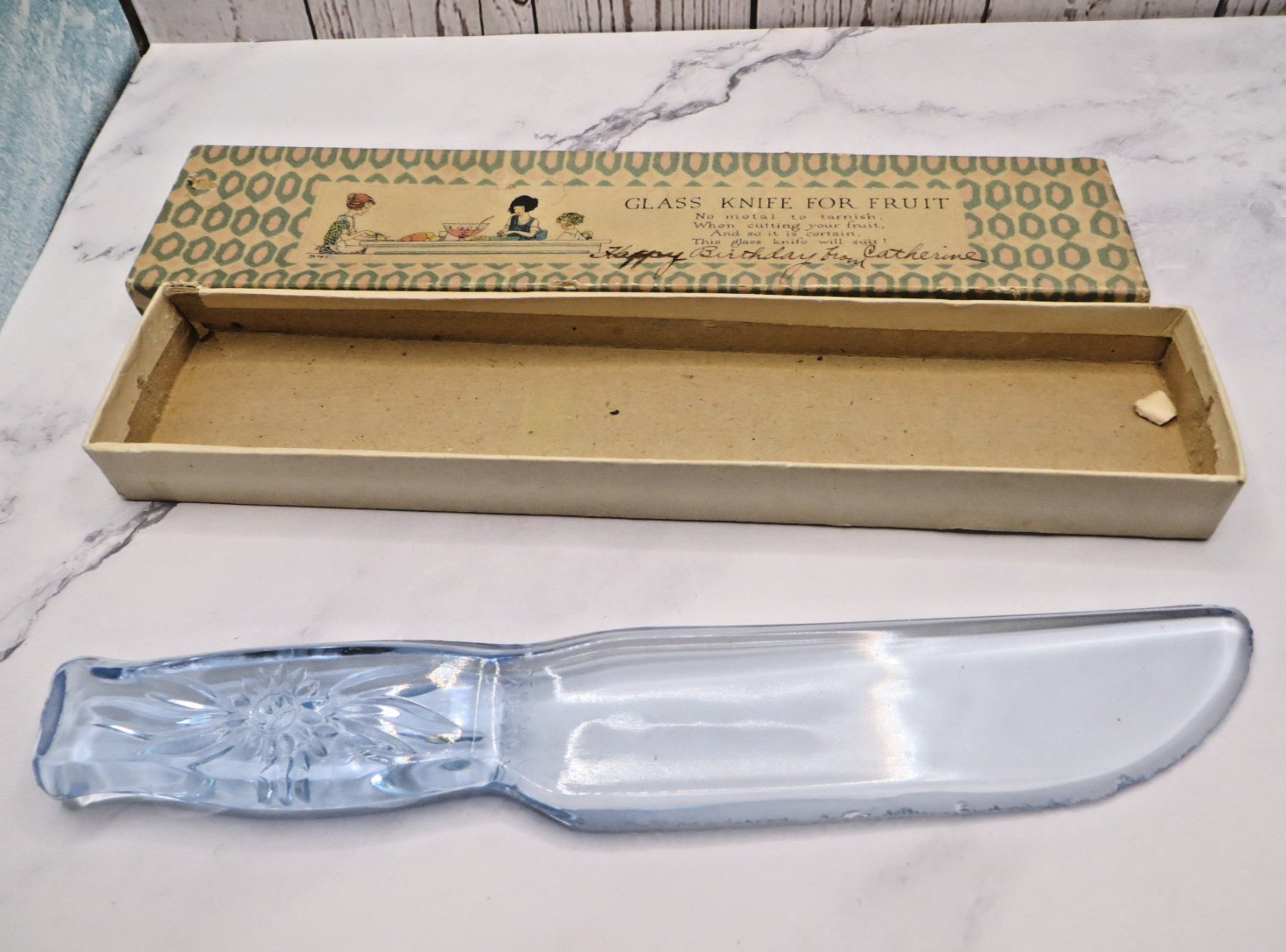 Antique Dur-X Light Blue Depression Glass Floral Flower Style Fruit Knife In Box